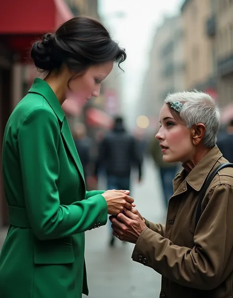 This woman,  dark hair, fashionable bright green clothes ,  the woman gives money to an old beggar, Money not directly visible ,  interesting look at the other person,  realistic ,  best quality