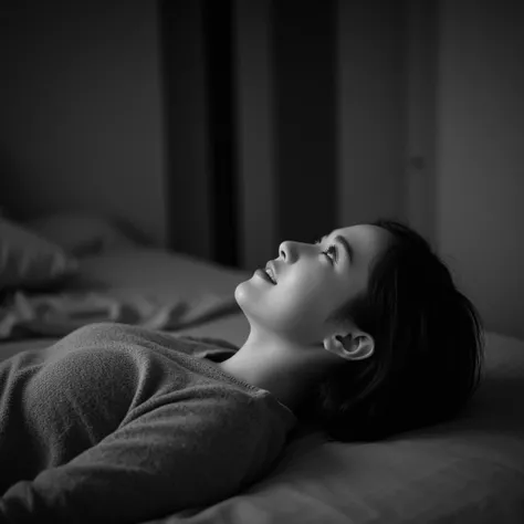 Within this black and white image we see a young woman laying on her back on a bed. She has short dark hair and is wearing a gray sweater. Her expression is relaxed and content as she gazes upwards with a slight smile. The lighting in this scene is soft an...