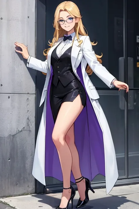 female, long blonde hair, blue eyes, (((1girl))), (((white suit blazer))), (purple dress shirt), (black vest), (black dress pants), (black heels), (glasses), cute and sexy, full body, modest breasts, long legs, smiling