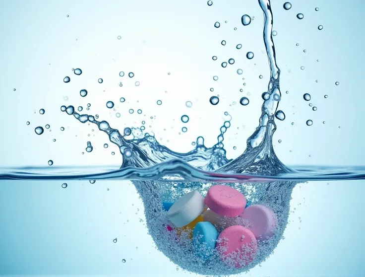 Effervescent tablets dissolving in water with bubbles, cut out
