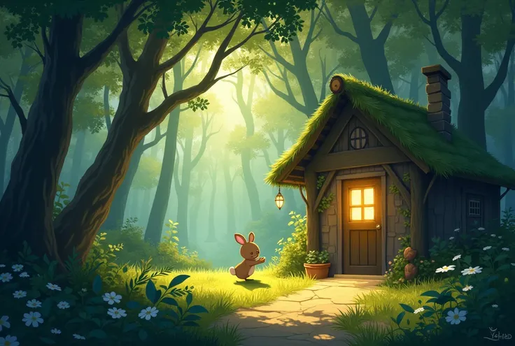 The tree has a bright window。Rabbits Shadow。Hut in the depths of the woods。