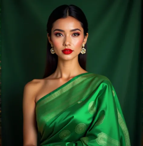 Wearing green saree and red lipstick 