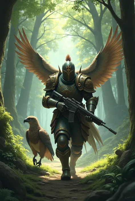 A Copasus soldier again cocks a weapon walking alongside a garuda bird in the forest