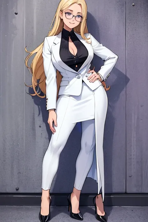 female, long blonde hair, blue eyes, (((1girl))), (((white suit blazer))), (purple dress shirt), (black dress pants), (black heels), (glasses), cute and sexy, full body, modest breasts, long legs, smiling