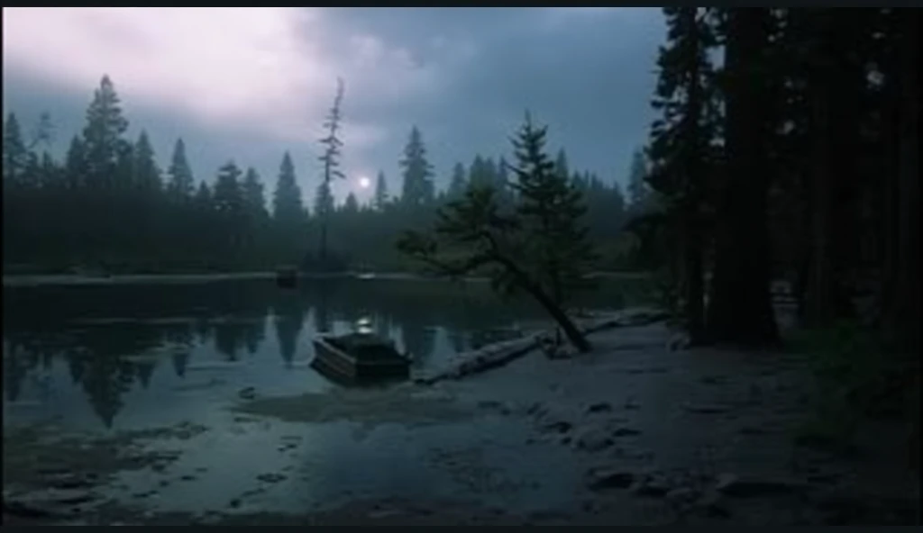 there is a boat that is floating in the water near a forest, a detailed matte painting inspired by Gregory Crewdson, unsplash, digital art, tarkovsky greatest scene, eery dead swamp setting, tarkovsky scene, mystical forest lagoon, mystical lake, andrei ta...