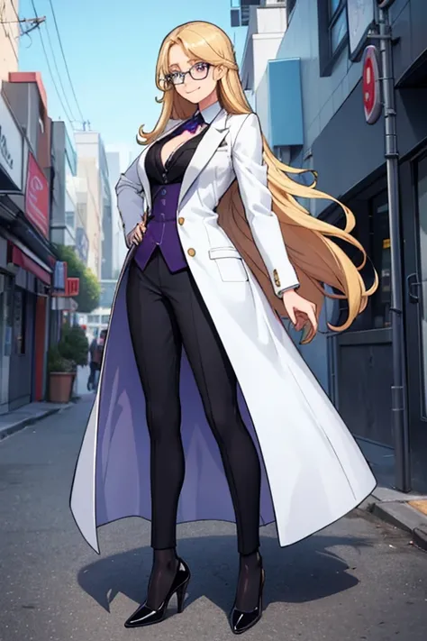 female, long blonde hair, blue eyes, (((1girl))), (((white suit blazer))), (purple dress shirt), (black dress pants), (black heels), (glasses), cute and sexy, full body, modest breasts, long legs, smiling