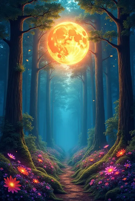 A bright forest full of life ,  with lights and colors that symbolize the celebration of the love between Moon and Sun (Its peeled)