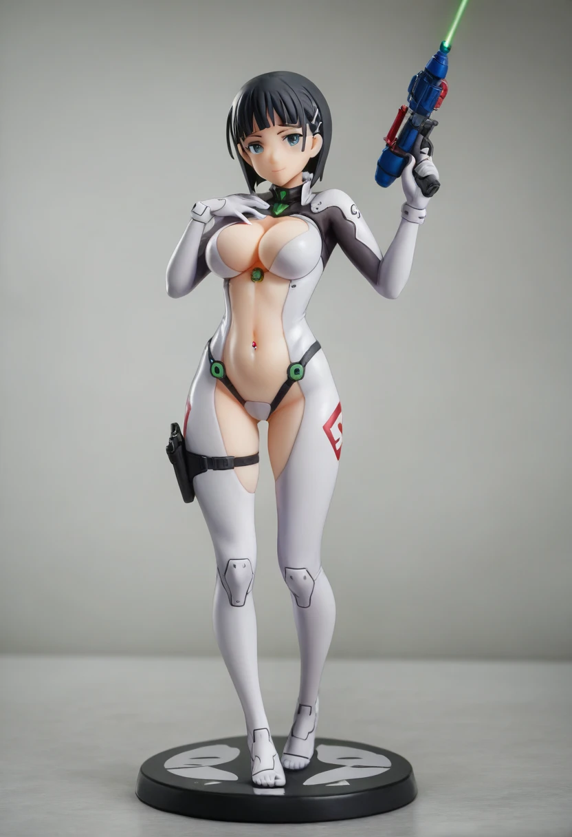 pt， Figure，  near-future survival game reverse bodysuit with exposed inner thighs ， 女の子の Figure ，suguha，breast，Belly button， stomach are exposed， cleavage，Lower abdomen，The inner thigh is exposed，holster，standing , fullbody , toe，big laser gun