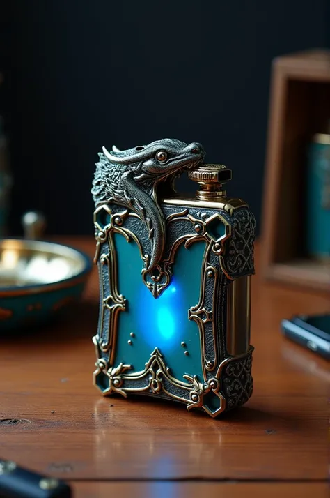  a futuristic biomechanical gas electric lighter predatory model turquoise steel plate metallic intricate gold motif,  sharp and curved lower jaw ,  glowing blue gas canister ,  intricate model with dark and shiny metal resembling a logo outer frame  "NAGA...