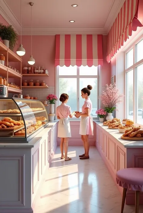 A bakery whose main colors are pink and white