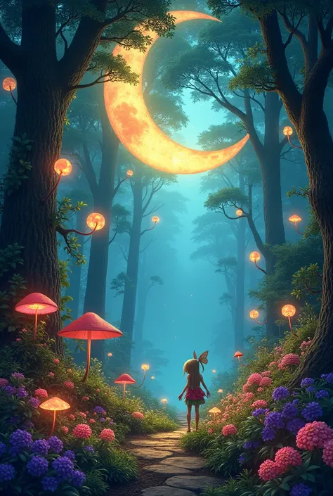 A bright forest full of life ,  with lights and colors that symbolize the celebration of the love between Moon and Sun 