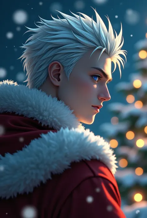 Satoru Gojo and santa, white hair, blue eyes character from jujutsu kaisen,in ultra realistic style, realistic eyes,  Christmas environment ,in an epic cinematic and wonderful scene with christmastree, Badass stare best quality, Satoru Gojo, White hair,  w...