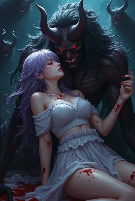 top quality、Bondage、  Japanese Woman in Slightly Realistic Anime Style 、torture、  erotic 、penalty、  slave、limit、bondage、Sacrifice、Beautiful woman with long light purple hair（  Messy Hair 、 lying on the devils arms1:5）、 There are wounds all over the body (B...