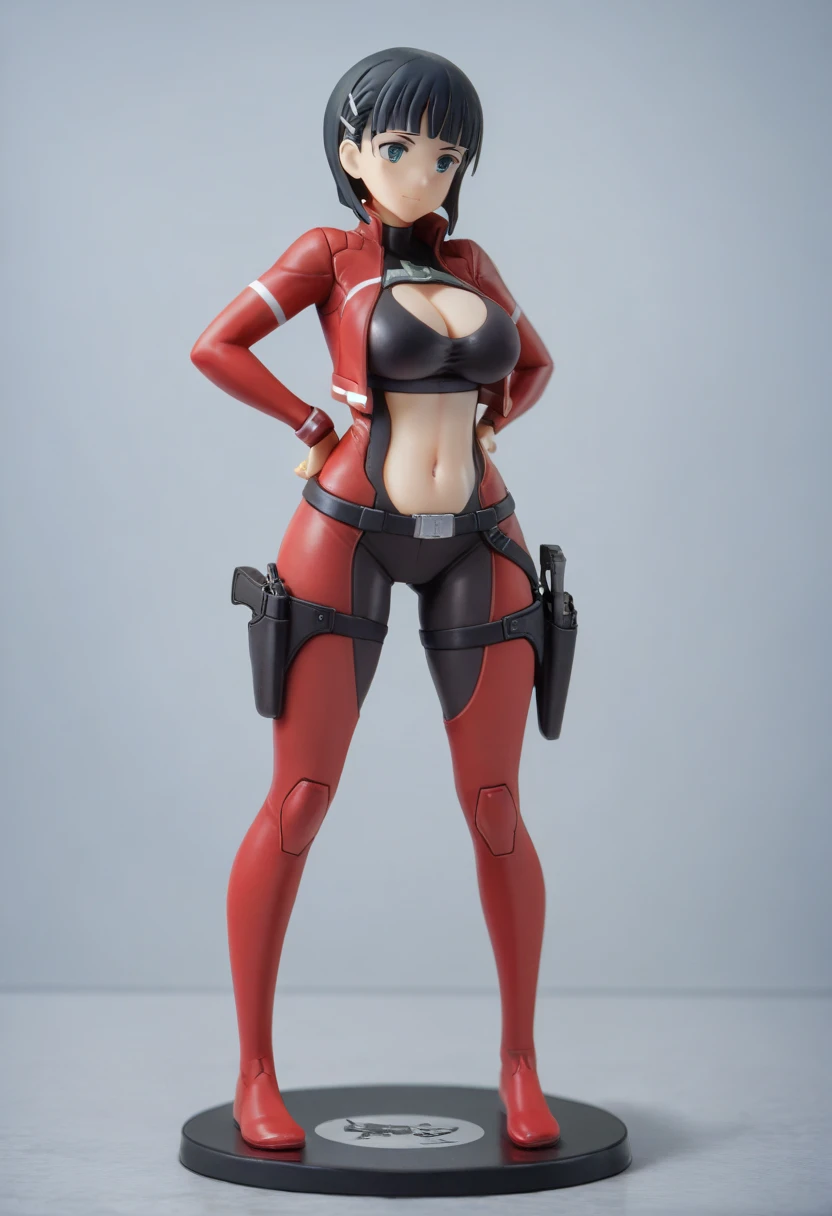 pt， Figure，  near-future survival game reverse bodysuit with exposed inner thighs ， 女の子の Figure ，suguha，breast，Belly button， stomach are exposed， cleavage，Lower abdomen， has exposed inner thighs，holster，standing , fullbody , toe，A large sci-fi game gun 