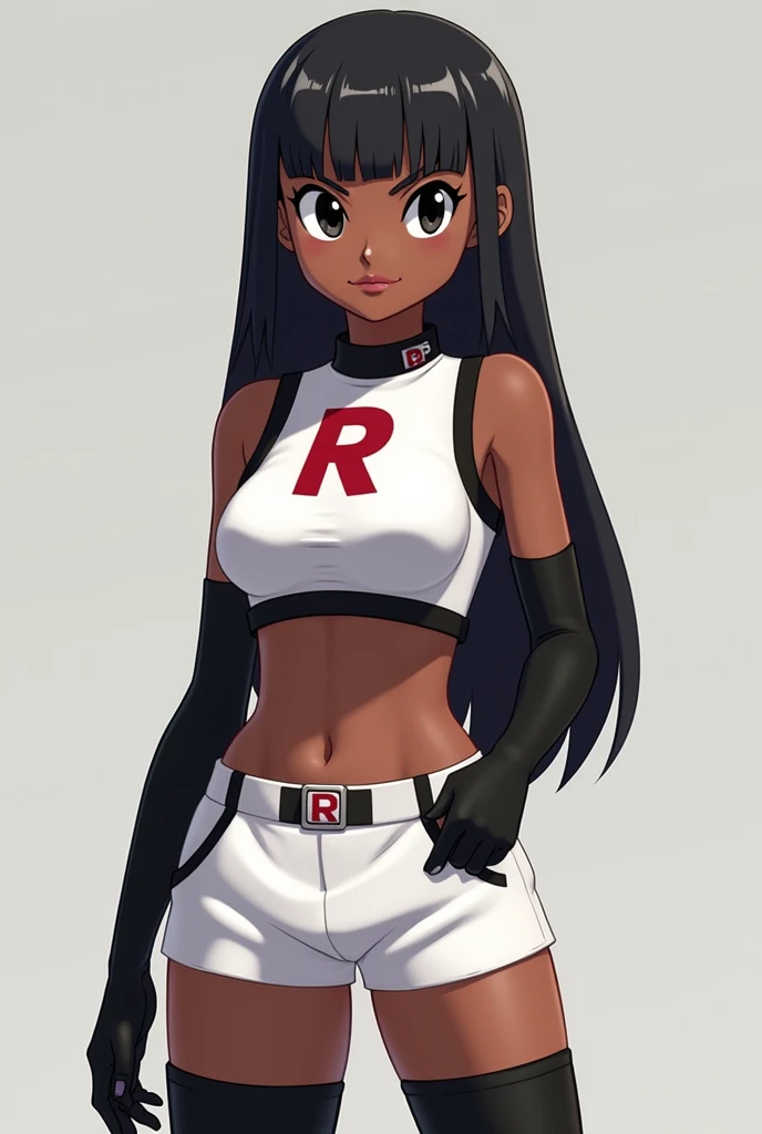 Ebony teen, team rocket,team rocket uniform, red letter R, white skirt,white crop top,black thigh-highs, black elbow gloves,