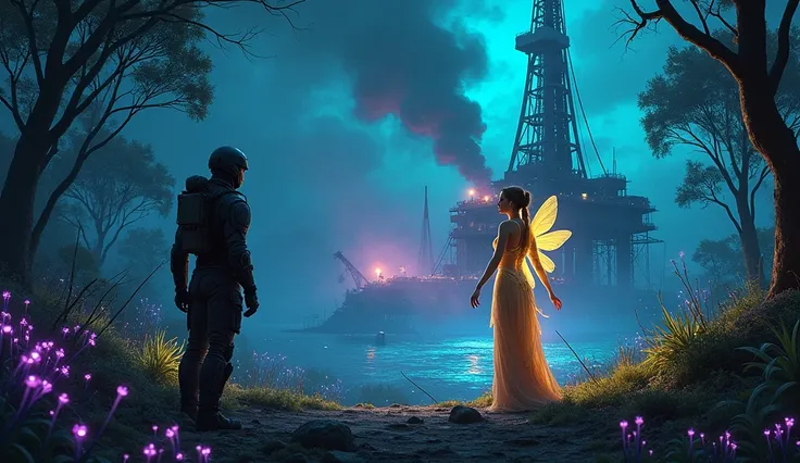 Create a detailed and dramatic scene set in an alien forest at night, glowing with vibrant bioluminescent plants in hues of blue, green, and purple. At the center, a massive industrial drilling rig looms with harsh floodlights, emitting smoke and debris as...