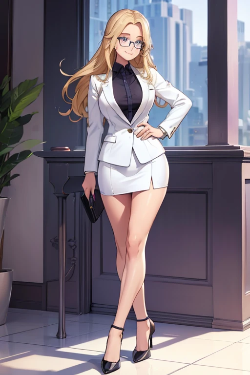 female, long blonde hair, blue eyes, (((1girl))), (((white suit blazer))), (purple dress shirt), (black dress pants), (black heels), (glasses), cute and sexy, full body, modest breasts, long legs, smiling