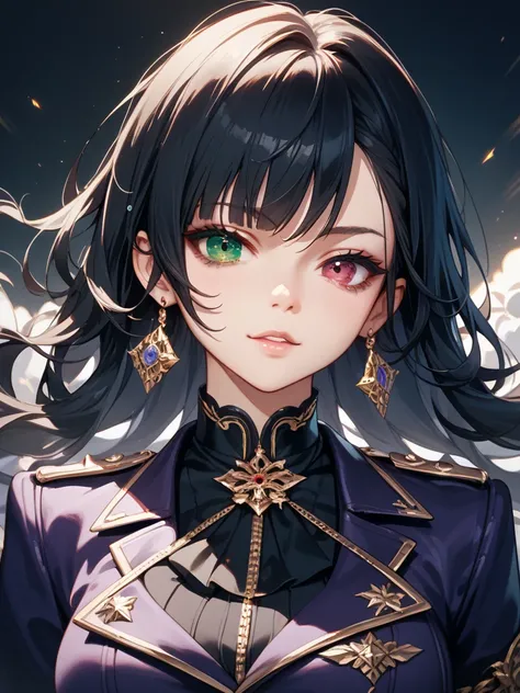 Lady.  long black hair. Heterochromia, left eye green right eye blue .  Wearing a black and purple uniform.