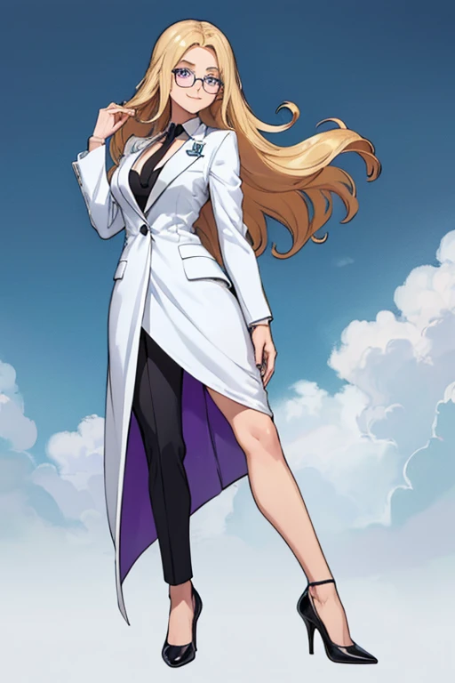 female, long blonde hair, blue eyes, (((1girl))), (((white suit blazer))), (purple dress shirt), (black dress pants), (black heels), (glasses), cute and sexy, full body, modest breasts, long legs, smiling