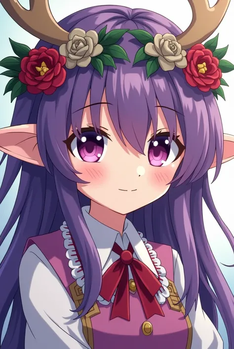 a close up of a cartoon girl with purple hair and antlers, purple ancient antler deity, anime moe artstyle, elf girl wearing an flower suit, antlers on her head, touhou character, inspired by Takehisa Yumeji, has a laurel wreath, marin kitagawa fanart, in ...