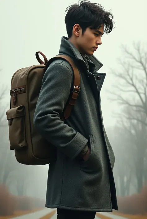 young man wearing coat and bag on his back standing rom side