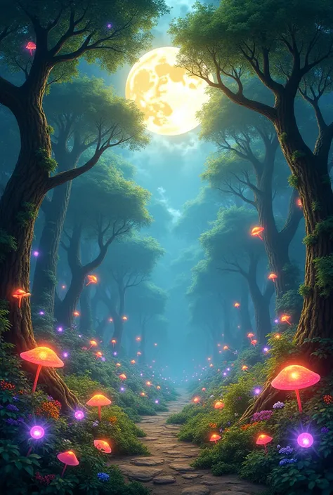 A bright forest full of life ,  with lights and colors that symbolize the celebration of the love between Moon and Sun 