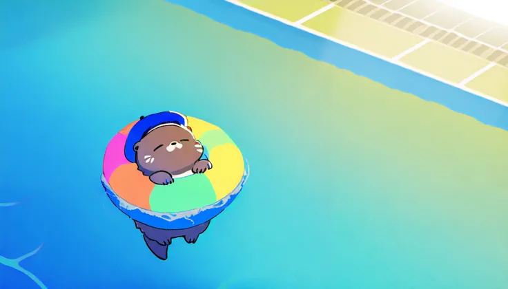 Score_9, Score_8_up, Score_7_up, Score_6_up, Score_5_up, Score_4_up, no human, solo, sea otter (blue, adorable, sleeping on swimming ring, blue beret hat, swimming ring), swimming pool, sunlight, vivid, colorful, warm, Wide lens