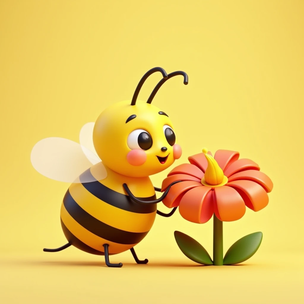 light yellow background, Orange bee with black stripes, round eyes and puffy cheeks cute, eating nectar from big flower 3D