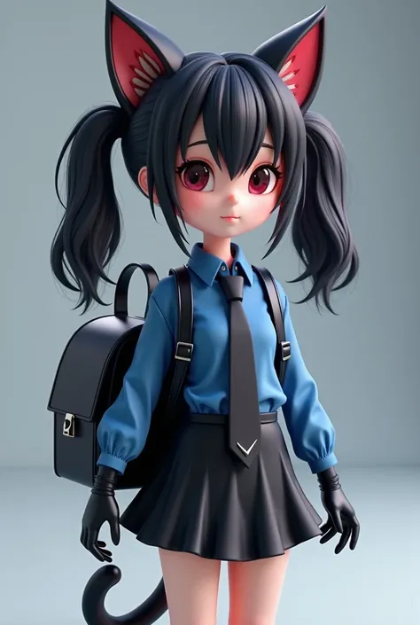   early teens、vampire、Petite、  black hair、 ツインテール 、Cat ears、Tail、  blue shirt、black tie、Shiny black gloves、スカート、 carry a shiny black elementary school backpack、3d