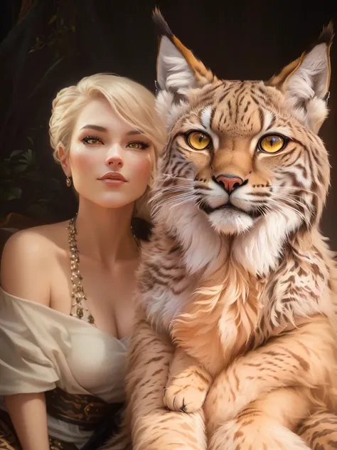 arafed woman sitting next to a large stuffed lynx, young woman with lynx head, anthropomorphic lynx, woman / cat hybrid, realistic art, digital fantasy portrait, woman and cat, airbrush digital oil painting, digital art animal photo, extremely realistic, i...