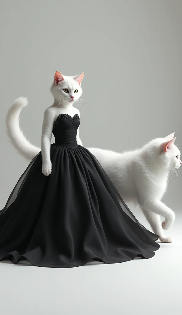 One white cat Trialing black dress