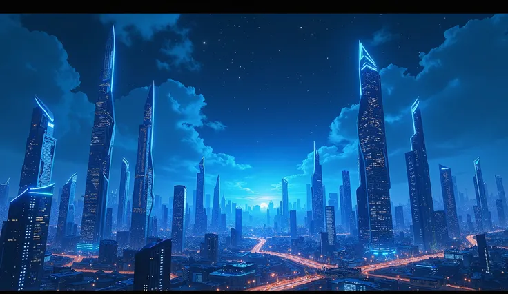 Futuristic Blue Cybercity, Night Sky