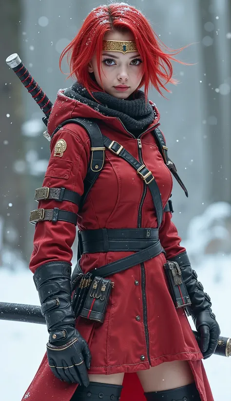 real fullbody shot,Beautiful detailed ninja girl,amazing body standing,Very detailed eyes and face,Beautiful detailed nosePerfect anatomy Sexy, stand in the snow,wearing a thin golden headband,in attack position, Georgian Red Shortest Hair