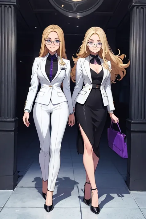 female, long blonde hair, blue eyes, (((1girl))), (((white suit blazer))), (purple dress shirt), (black dress pants), (black heels), (glasses), cute and sexy, full body, modest breasts, long legs, smiling