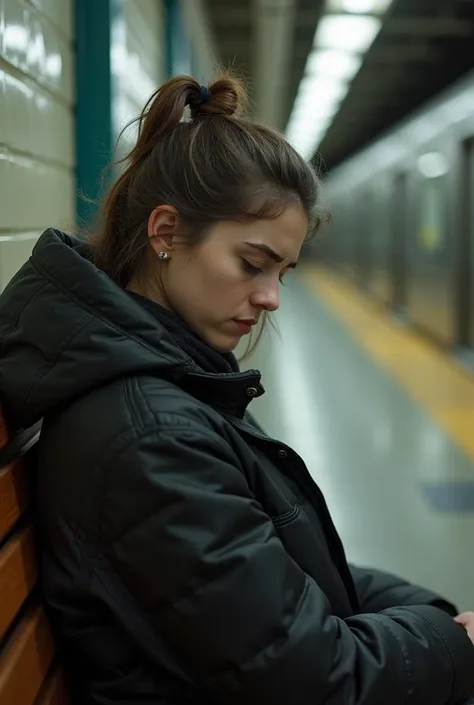  a young woman with an aging face , You look down and you seem frustrated ,  looks like a mother but doesnt carry any  in her arms .  Her skin is clear and she is sitting on a bench waiting to make a decision that could change her life at a subway station.