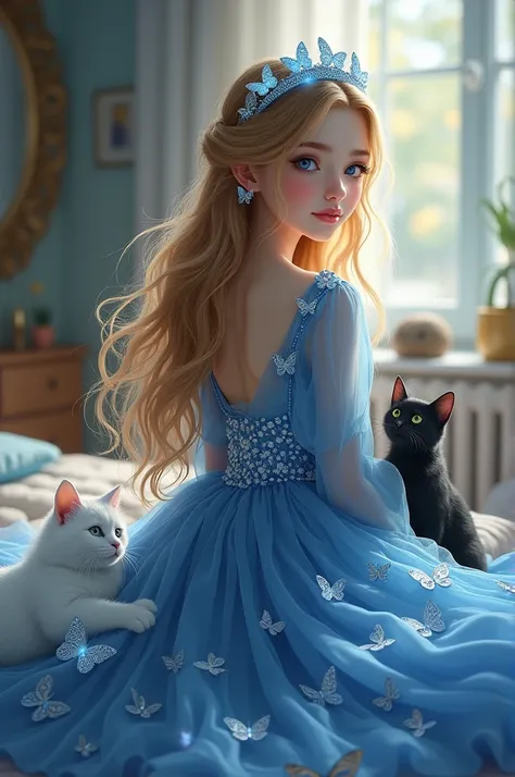 A beautiful muslimah girl in a blue long butterfly dress with long golden hair in her bedroom wearing a butterfly tiara with a white cat and a black cat 