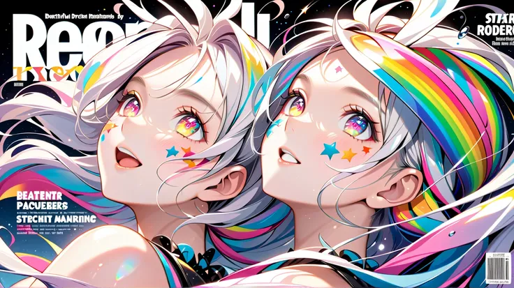 (magazine cover, beautiful poster girl:1.5), rainbow witch, falling from the sky, big laugh, (shiny skin, star-shaped pupils, face paint:1.5), beautiful fingers, dynamic raindrops, (masterpiece, ultra detailed, top quality), anime.