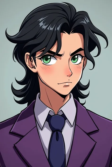  A young man in a comic style with diamond face structure, monolid green eyes, small nose, sft arched eyebrows, ovel lip shape, fair skin tone, with dimples, ectomorph body type, black hair colour, wavy mullet hairstyle, in a purple suit, a lil cute