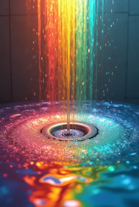 Generate rainbow-colored water for me falling into the shower drain