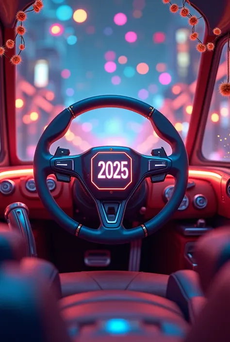 Steering Into the Future
Use a steering wheel as the main element, with "2025" in the center. Surround it with festive decorations like garlands or lights.