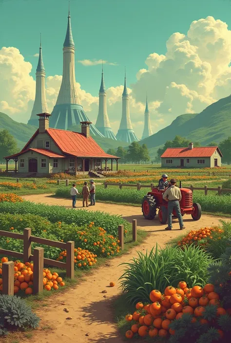 Raygun Gothic retro futuristic stereotypical small town family farm growing different crops in fenced off area 