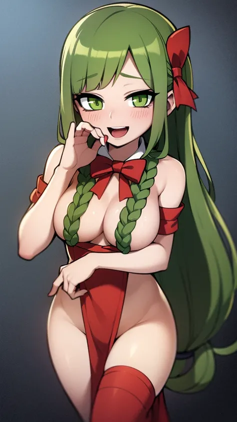  long curly brown-haired woman ,  green eyes;  wears loose clothing with long sleeves, a REd bow tie. (Slightly sensual ), (mother), ( gentle gaze ), ( covered ), (Affectionate), :d