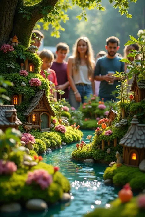 A highly detailed image of a Family-Friendly Forbidden Forest Diorama, featuring lush, vibrant greenery, whimsical creatures, and enchanting elements. The diorama is filled with intricate details, such as tiny fairy houses, sparkling streams, and magical f...