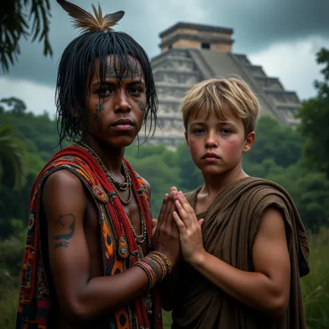 Award-winning RAW photograph. Create an ultra-detailed portrait of an eleven-year-old Aztec boy and an eleven-year-old European boy, both standing together, embodying strength, vulnerability, and the solemn theme of sacrifice. The Aztec boy wears a jaguar-...