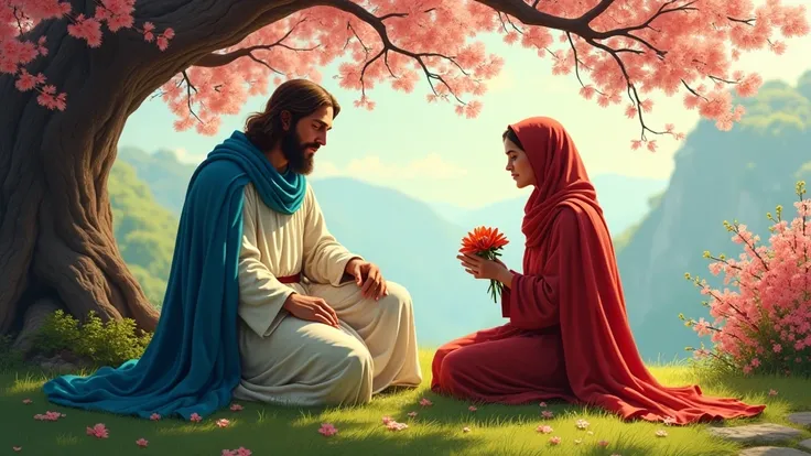 Jesus in blue scarf, sitting under cherry tree,  Mary Magdalena in red scarf sitting near Jesus feet, praying , flowers in hand , bush flower, late afternoon 