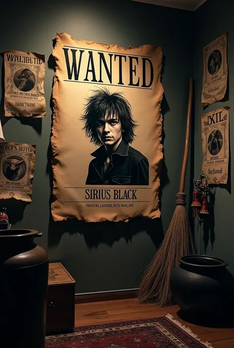 A highly detailed image of Sirius Blacks Wanted Poster hanging in a boys room. The poster is old and weathered, with creases and tears, and features a black and white photograph of Sirius Black with a wild, unkempt appearance. The room is dimly lit, with p...