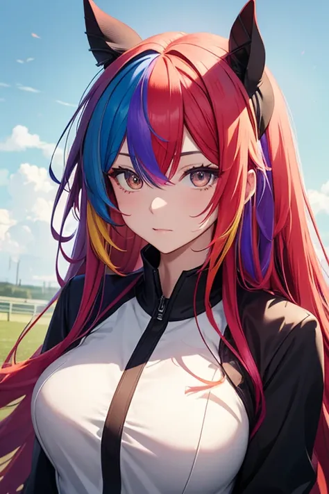 Horse Girl、Horse ears 、Rainbow hair colour、Gradient hair color、Long Hair、Red right eye、Yellow left eye、whole body、