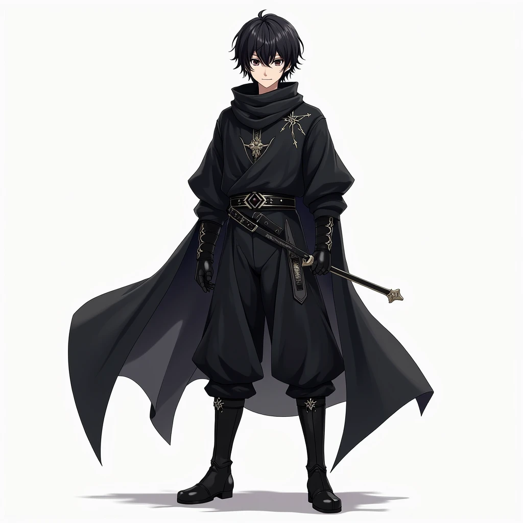  19-year-old boy , black hair,  dark gray eye ,black Medieval clothing for men,Black Pants, black boots,anime style,anime,He stands tall,simple background,anime guys medium hair reference