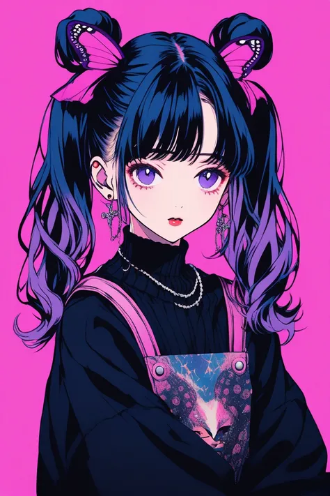 ( top quality , sketch:1.2), realistic , illustrator ,Anime, 1 girl,  detailed lips , sweater ,custom, pink gradient background ,Neon Hair,  twin tails、 texture cropping ,masterpiece,  style for stilets: Retro Classic,  dark black 、 braided 、Under the Moon...