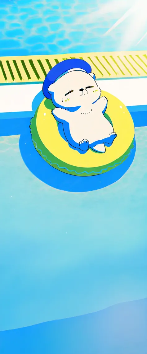 Score_9, Score_8_up, Score_7_up, Score_6_up, Score_5_up, Score_4_up, no human, solo, sea otter (blue, adorable, sleeping on swimming ring, blue beret hat, swimming ring), swimming pool, sunlight, vivid, colorful, warm, Wide lens